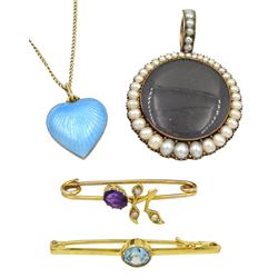 Early 20th century gold graduating split pearl pendant, 15ct gold amethyst pearl brooch, 9ct gold blue zircon brooch, silver-gilt guilloche enamel heart pendant, stamped 830, brooches, heart enamel and pearl pendant