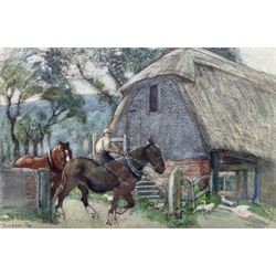 Geoffrey Alan Baker (British 1881-1959): Horses by a Barn, watercolour and dated 1934, 17cm x 25cm
Notes: Baker studied Canterbury Art School and Royal College of Art, later became Principal Bournemouth Art School