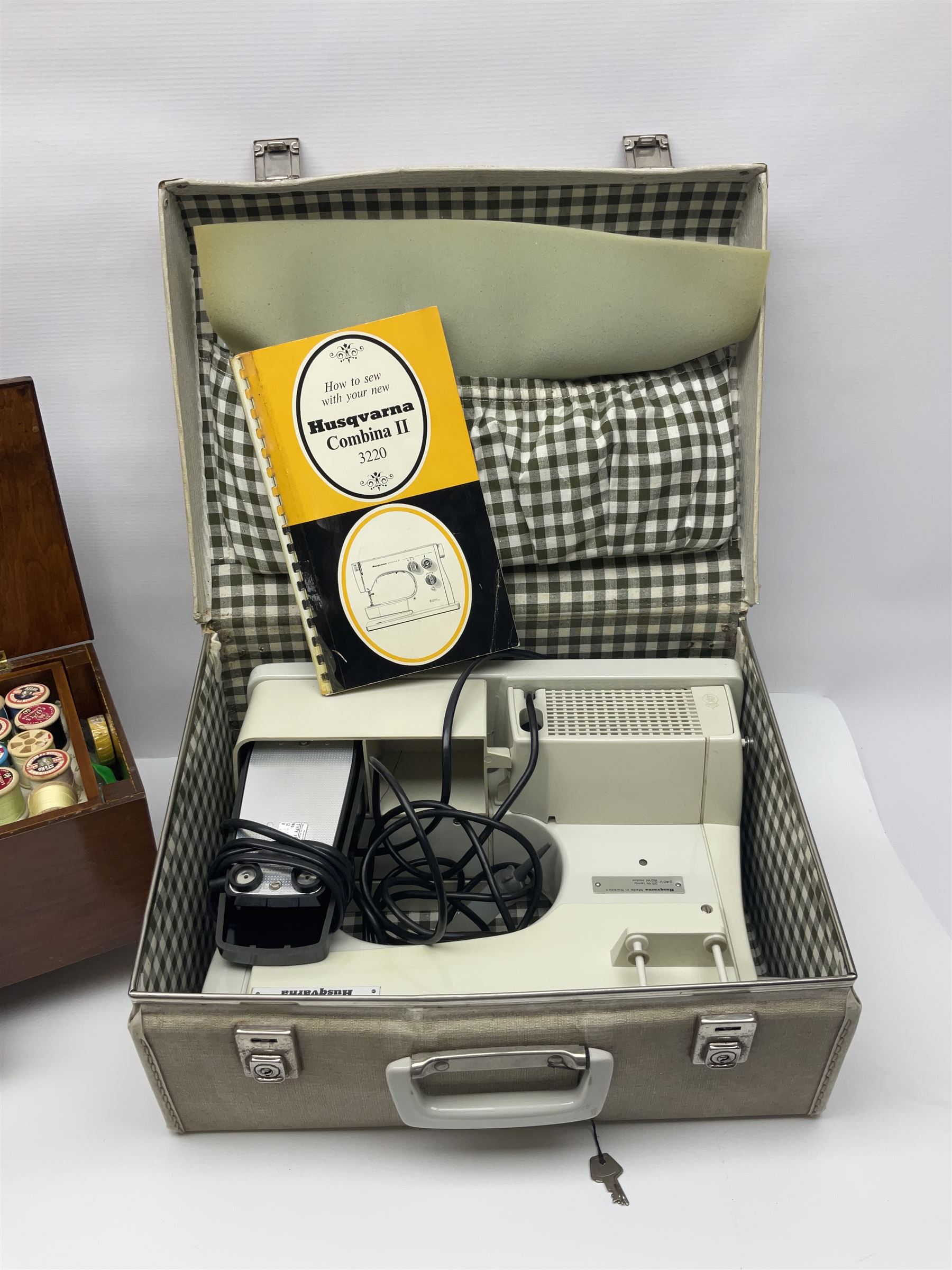 Husqvarna combina II sewing machine in case, with instruction manual and sewing box
