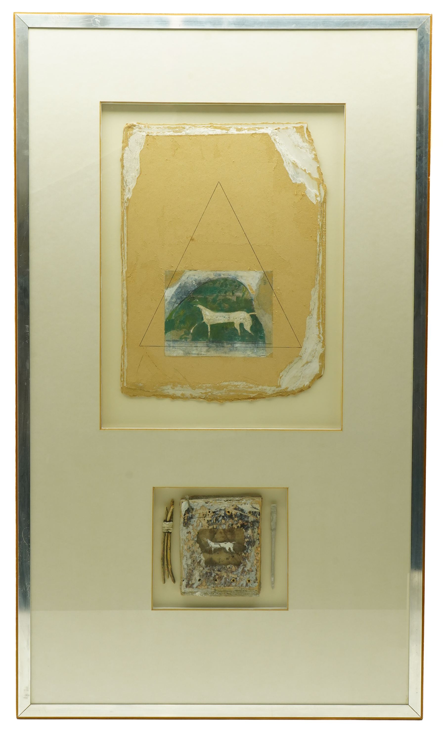 Malcolm Whittaker (British 1937-): 'Chalk Horse Cherhill', mixed media on artist-crafted board signed and titled verso with artist's address label 79cm x 38cm