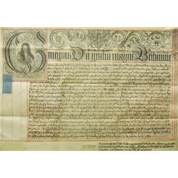 George I indenture on vellum in black ink with ornate headline and engraved portrait of George I, framed 85cm x 95cm overall