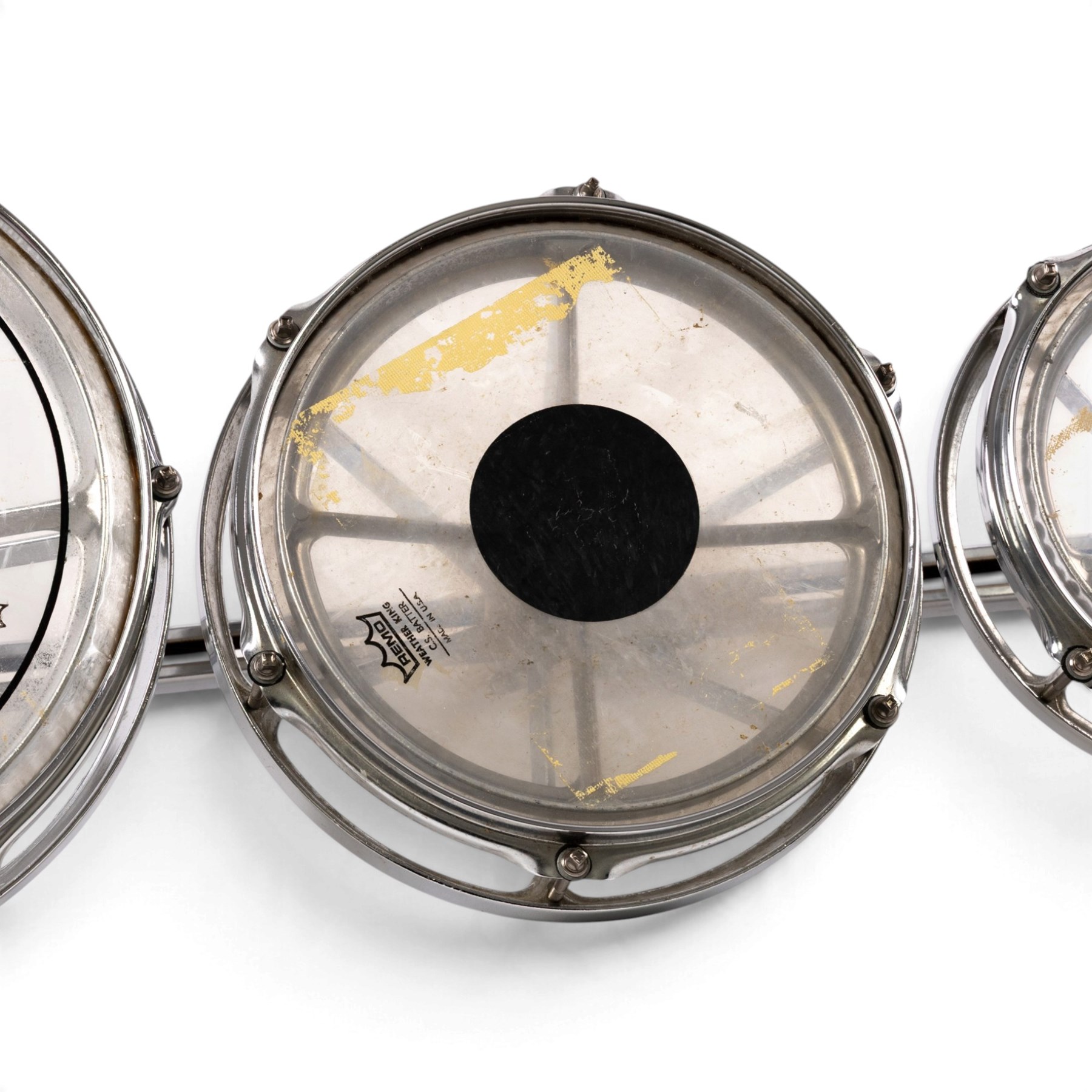 Set of four Remo Roto Toms, with Weather King CS batter heads and chrome tension frames, contained within a fitted carrying case