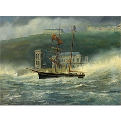 Robert Sheader (British 20th century): 'Coupland 1861', The Sinking of the Schooner off Scarborough Spa, oil on board signed and dated 1990, 44cm x 59cm