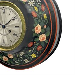 Honore Pons of Paris -  A good and early 19th century Tole Ware wall clock c1830, with a later re-decorated case suspended from a circular brass hanger, cast brass dial bezel and silvered engine turned dial with roman numerals, minute track and steel moon hands, 8-day twin train countwheel striking movement with a silk suspension, striking the hours and half hours on a bell. With pendulum and key.
