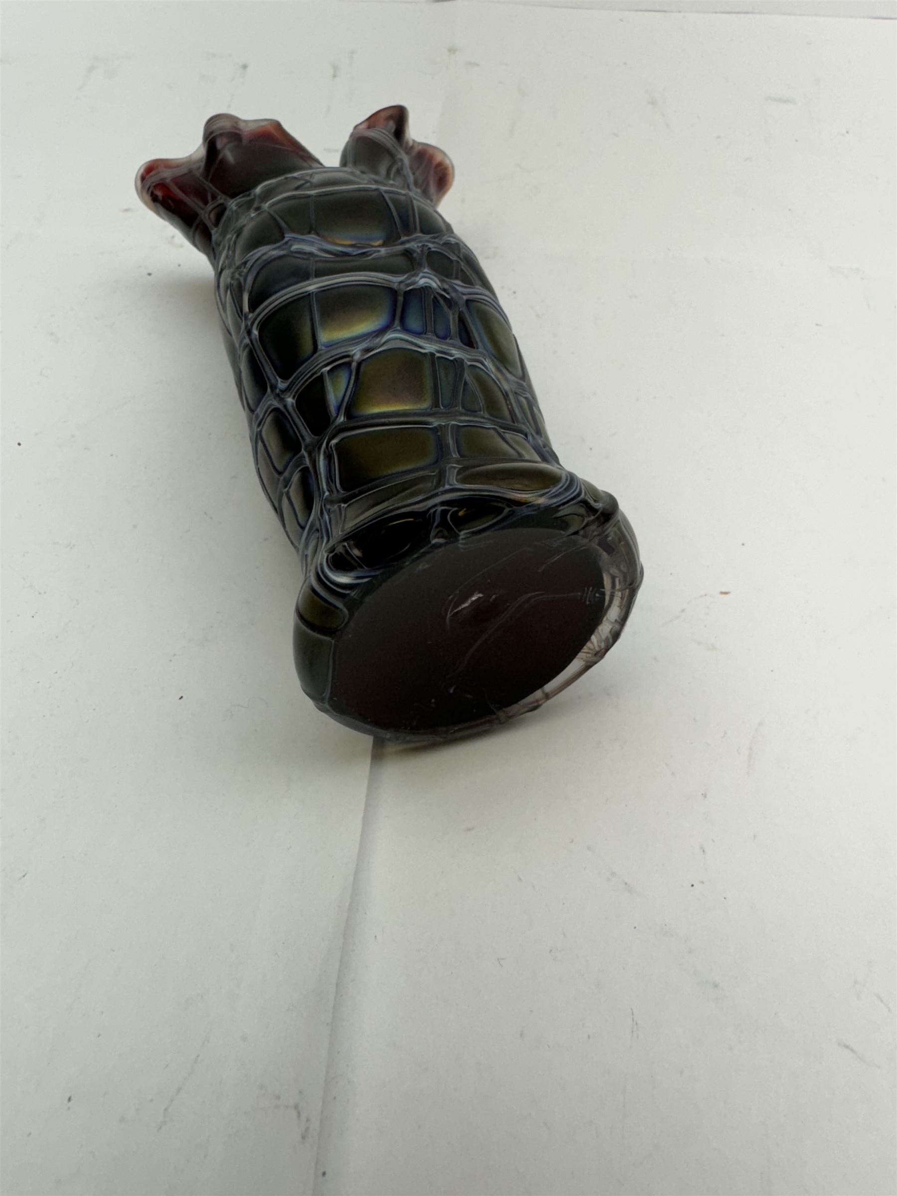 Five Austrian Art Nouveau glass vases, to include Pallme-Konig example with split fluted rim, two similar Kralik examples with threaded vein decoration and two others, tallest H21.5cm