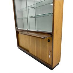 Barlows Sheffield - Mid-20th century oak and mahogany bookcase reference display cabinet, adjustable glass shelves on chrome brackets, two glazed doors above two sliding doors