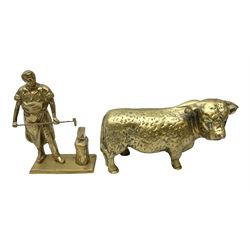 Large brass figure of a hereford bull, together with a brass figure of a blacksmith, bull H15cm