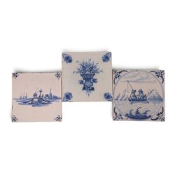 Three 18th century and later blue and white Delft tiles, 13cm x 13cm