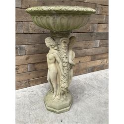 Cast stone bird bath, pedestal in the form of 'The Three Graces'
