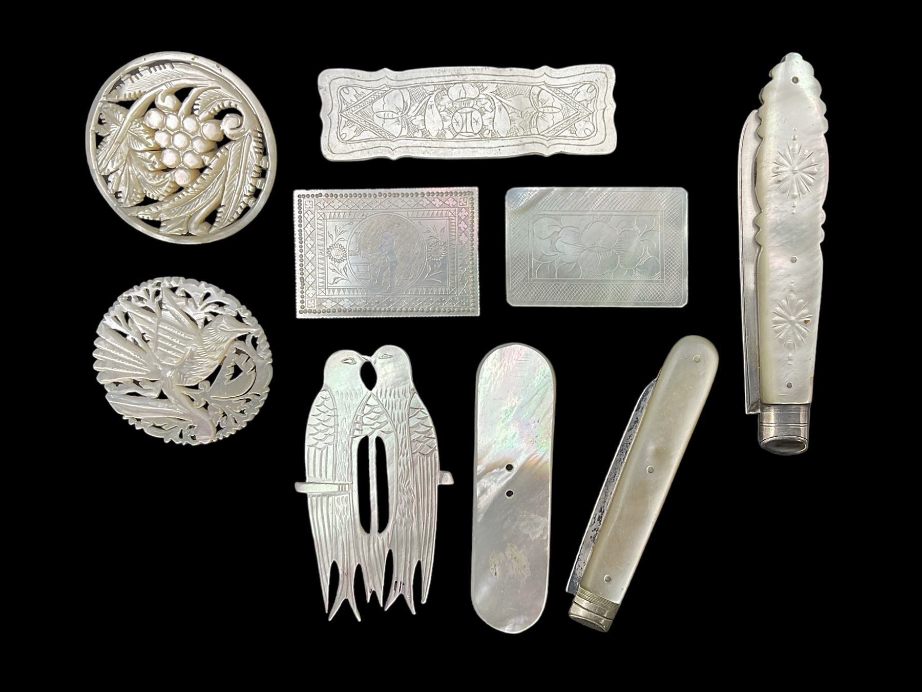 Two silver fruit knives with mother of pearl handles, hallmarked, mother of pearl tokens and similar items 