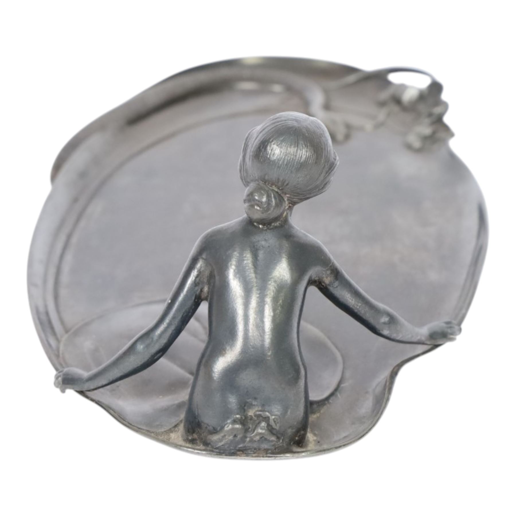 WMF Art Nouveau pewter tray, of oval from, with a female figure covered with a lily pad at one end, and snake with flowers and whiplash stems at other, signed and impressed marks beneath, H8cm, L25cm 
