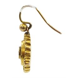 Pair of Victorian 15ct gold Etruscan revival pendant earrings, each set with a single rose cut diamond, Rd No. 28516