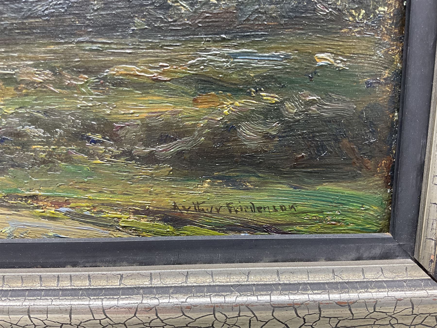 Arthur A Friedenson (Staithes Group 1872-1955): 'On Stoborough Common - Evening', oil on panel signed, titled verso 26cm x 35cm