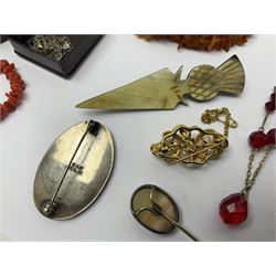 Silver jewellery, including bracelet, earrings, necklaces and Victorian brooch, together with amber type and coral type bead necklaces, Majorica imitation pearl necklace, etc
