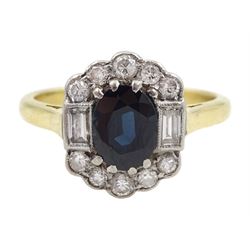 Gold oval sapphire, baguette and round cut diamond cluster ring,  stamped 18ct Plat