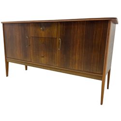 Peter Hayward for Vanson - mid-20th century teak sideboard, rectangular top with rounded corners over three central drawers, flanked by two cupboard doors enclosing shelves, raised on tapered supports