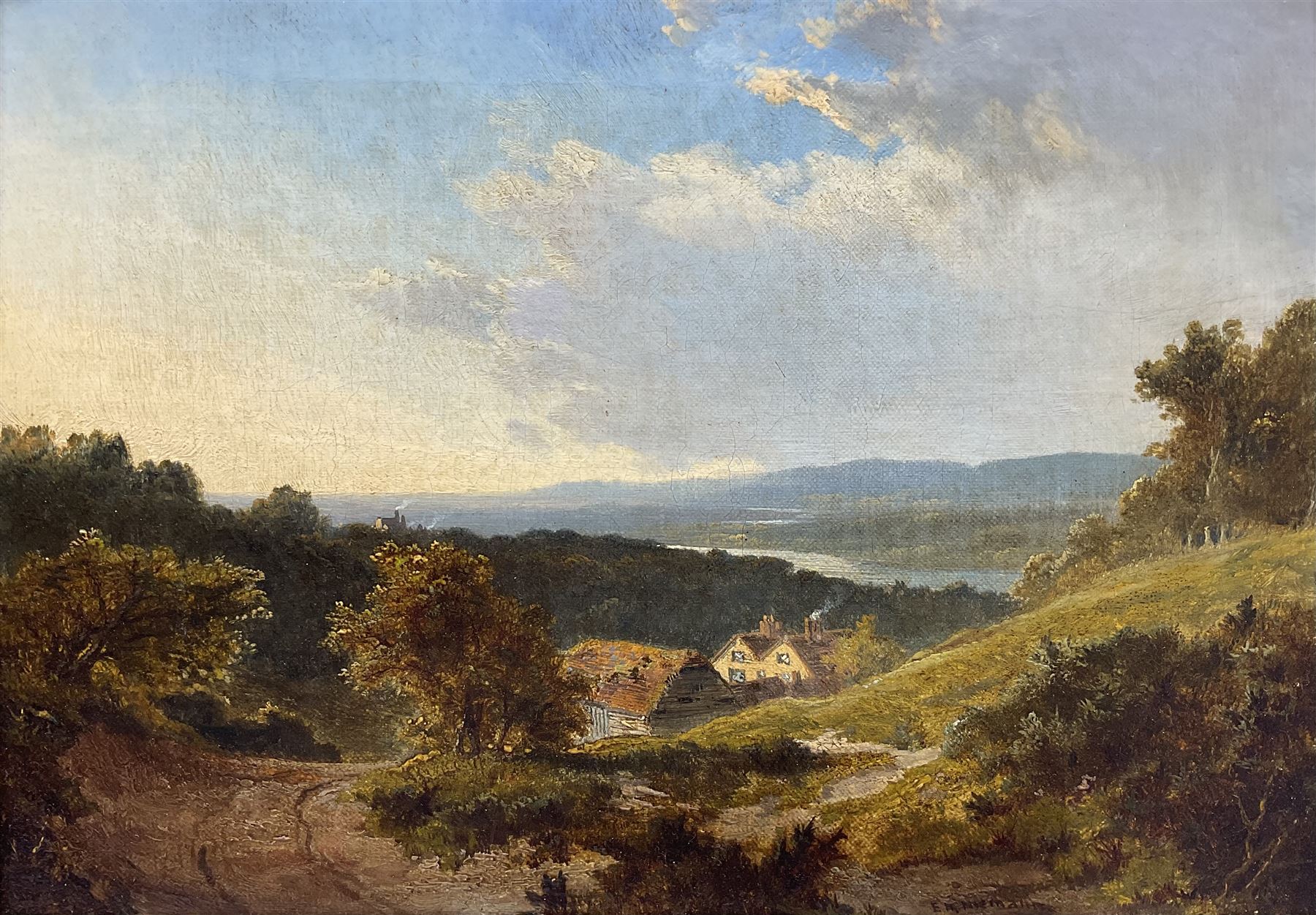 Edmund Henry Niemann (British 1842-1910): View over Cottages to a Distant River, oil on canvas signed 24cm x 34cm 
Notes: Niemann was the son of noted landscape painter Edmund John Niemann (1813-1876).