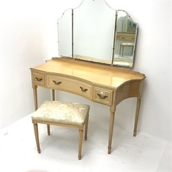 Mid 20th century maple dressing table, raised three piece mirror back, three drawers, turned reeded tapering supports (W136cm, H155cm, D57cm) with matching upholstered stool
