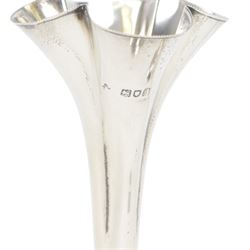 Pair of Victorian silver mounted trumpet vases, with fluted beaded rim, tapering knopped stem and upon circular weighted foot, hallmarked Horace Woodward & Co Ltd, London 1898, H22cm