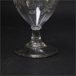 Early 19th century electioneering glass rummer, circa 1800-1830, the funnel bowl engraved with the inscription 'MORRITT FOREVER', and initials 'Y I M' verso, within leafy sprigs and beneath a husk band to rim, upon a plain short spreading stem, upon conical foot, H13.5cm

John Bacon Sawrey Morritt (circa 1772–1843) of Rokeby Park was a traveller, classical scholar, landowner, politician, and friend of Sir Walter Scott. He sat in Parliament for Beverley (1799–1802) and later for Northallerton (1814–1818), periods when fiercely contested elections often produced engraved drinking glasses as campaign propaganda, which were distributed in taverns and at election dinners. Examples connected to local candidates such as this are particularly scarce and survive as rare intersections of political history and material culture. 