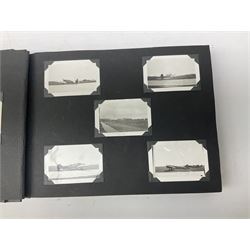 144 Squadron RAF - album containing over one hundred photographs and postcards of varying sizes including group shots, aircraft on the ground and in the air, German aircraft, crashes etc; sizes from 3.5 x 6cm to 16 x 21cm; and quantity of modern reference material
