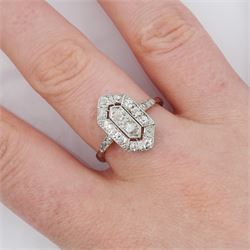Art Deco 18ct white gold and platinum old cut diamond hexagonal panel ring, stamped, total diamond weight approx 0.50 carat