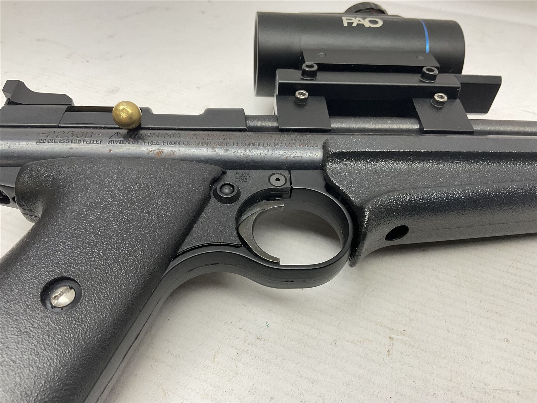 Crosman Model 2250B .22 cal. CO2 rifle, with PAO red dot sight and skeleton stock, serial no.221B76447, L77.5cm overall  NB: AGE RESTRICTIONS APPLY TO THE PURCHASE OF AIR WEAPONS.