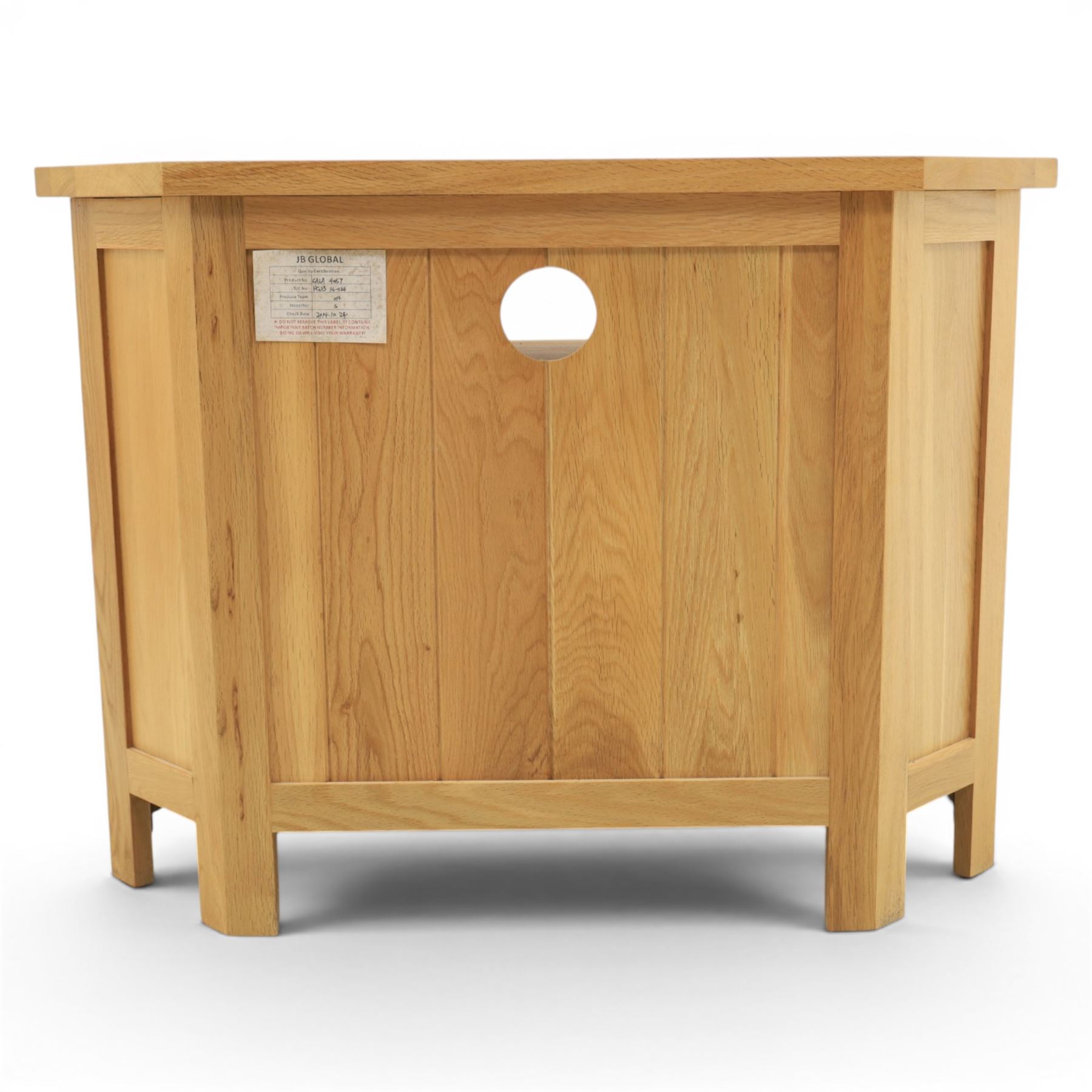 Modern oak living room set comprising; a small side cabinet, corner TV stand and coffee table, cabinet with single drawer and cabinet, finished with metal handles (H 80cm, D 32cm, W 80cm), TV stand with open recess and rear aperture for wires, above nine drawers with chrome pulls (H 62cm, D 50cm, W 84cm)  coffee table with curved edges and full length undertier (H 50cm, D 60cm, W 90cm)  