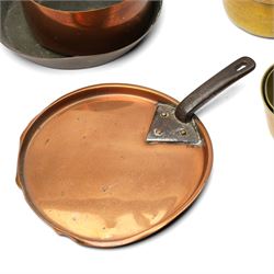 Four Victorian brass saucepans, largest 17cm, copper saucepan 19cm, copper pan and lid