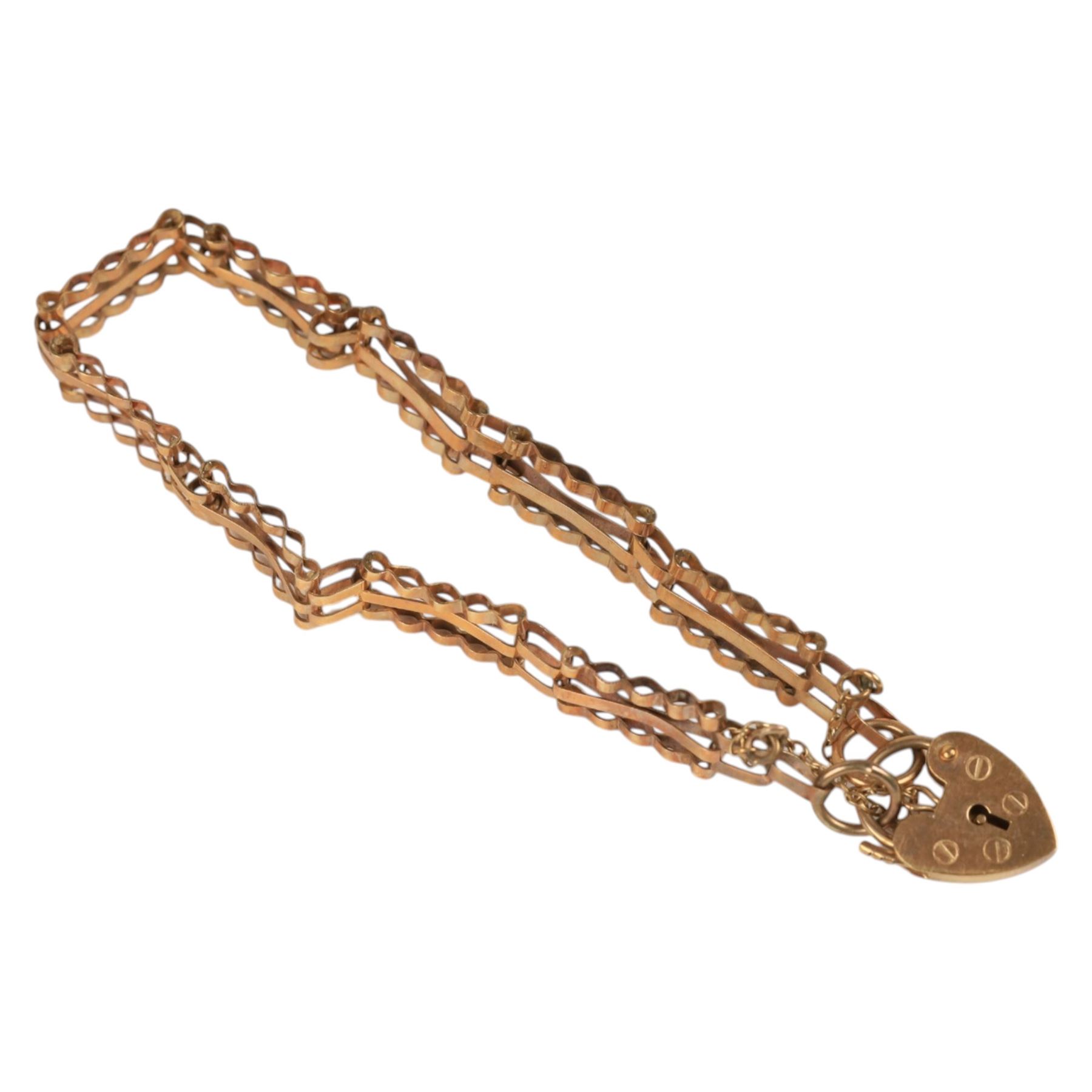 Two 9ct gold gate bracelets with heart padlock clasps, both hallmarked
