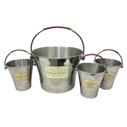 Stainless steel Laurent-Perrier champagne bucket, with engraved brass plaque and grip to swing handle, together with three matching smaller, largest D38cm (4)