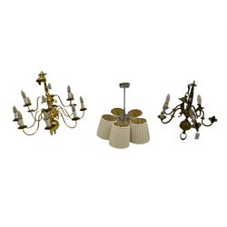 Brass twelve branch chandelier, heavy brass five branch chandelier and a modern light fitting (3)