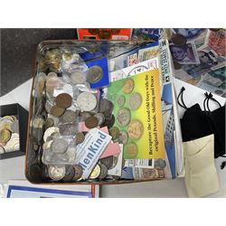 Coins and banknotes including Euros, Greta British pre decimal coinage, Kenyan banknotes, United States of America one dollar note etc, housed in various folders and loose, in one box