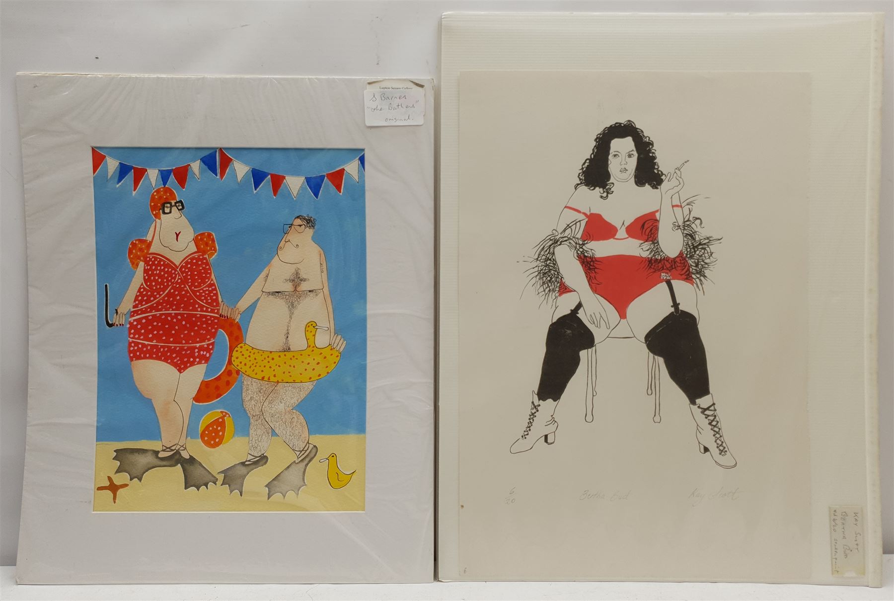 S Barnes (British Contemporary): 'The Bathers', watercolour unsigned 40cm x 30cm; Kay Scott (British Contemporary): 'Bertha Bud', screenprint signed titled and numbered 6/20 in pencil 40cm x 24cm; Ann Edwards (British Contemporary): 'Well Coordinated' and 'Foo Foo Lamar', pair screenprints signed titled and numbered in pencil 30cm x 24cm (4) (unframed)