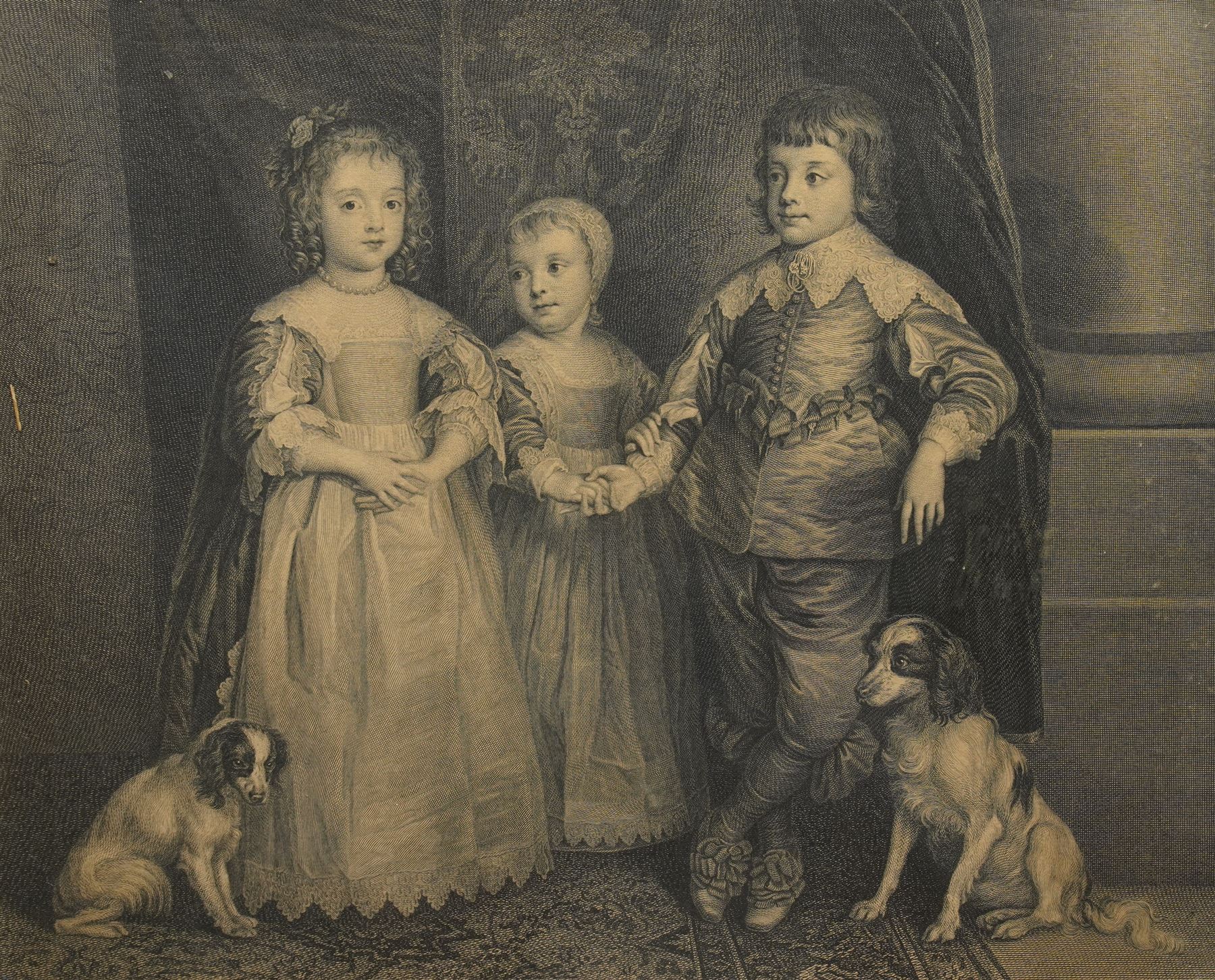 Sir Robert Strange (Scottish 1721-1792) after Anthony van Dyck (Flemish 1599-1641): 'Charles Prince of Wales, James Duke of York, and Princess Mary; Children of King Charles the 1st', 18th century engraving 38cm x 43cm in moulded rosewood frame 62cm x 67cm