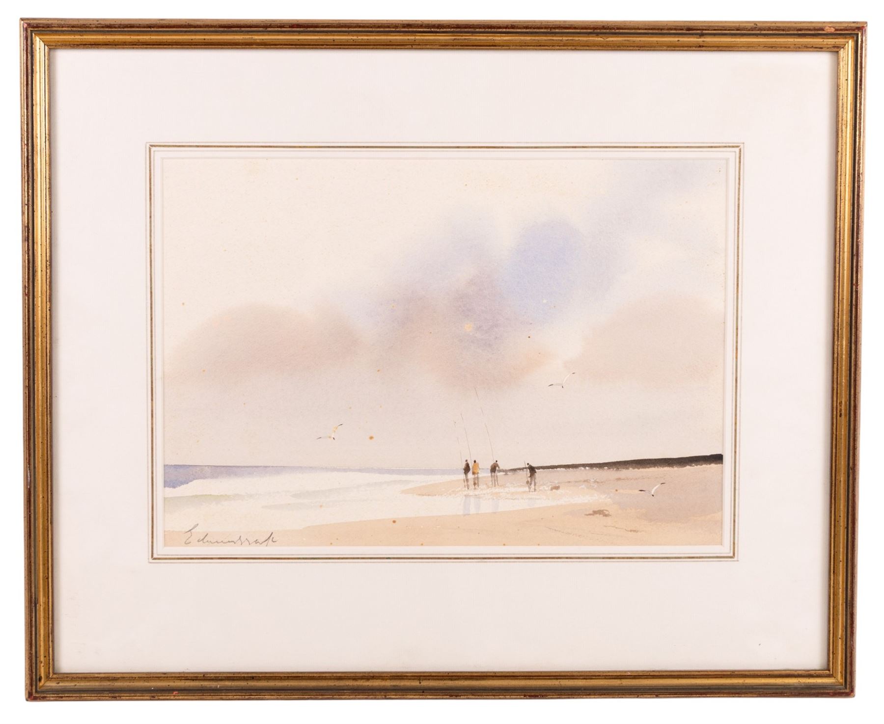Edward Seago RWS RBA (British 1910-1974): Sea Anglers on a Beach, watercolour signed in pencil, later title verso 25cm x 36.5cm 