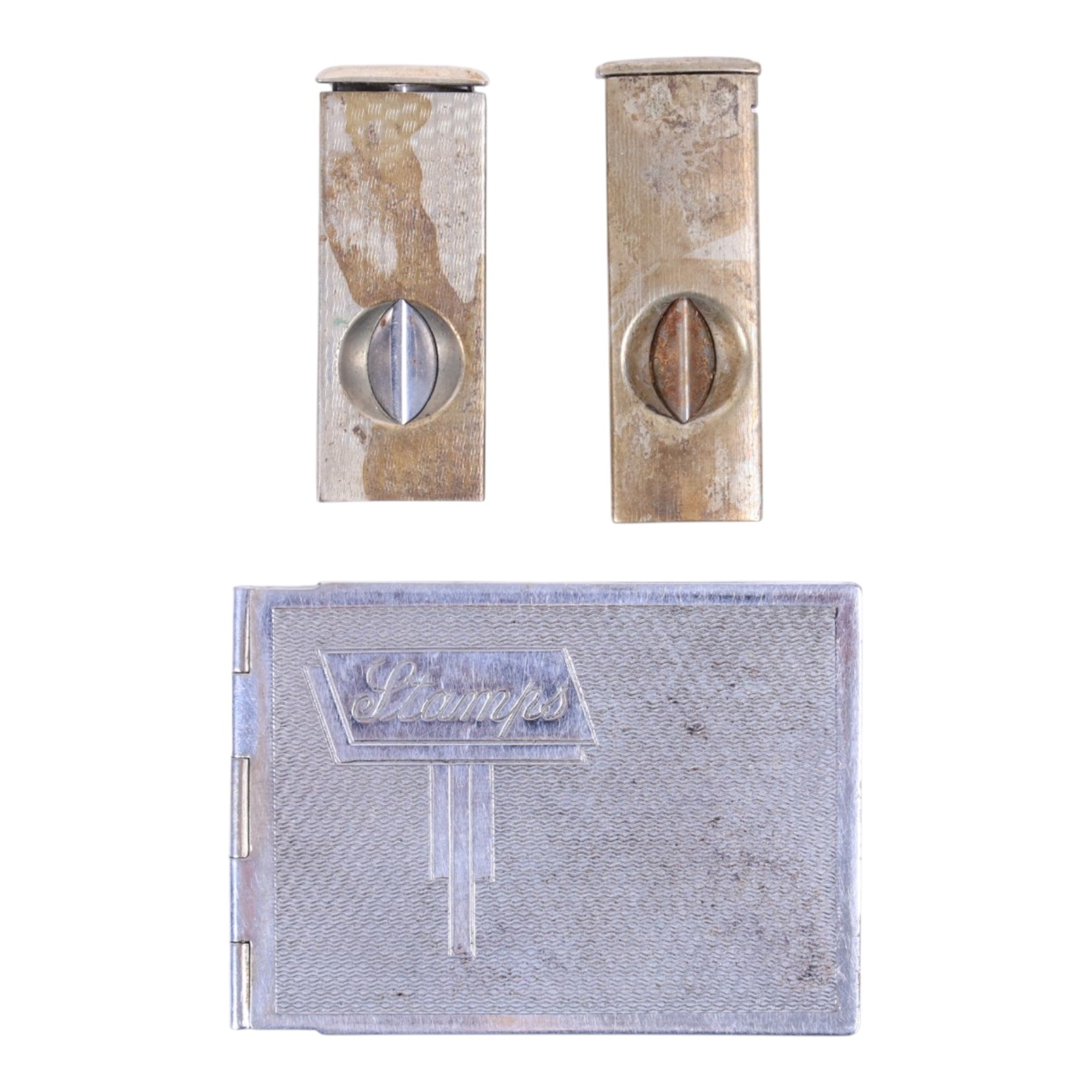 Silver bangle, silver-gilt locket, gold plated moss agate brooch, costume jewellery, two EPNS cigar cutters and stamp book, Vogue compact mirror with butterfly wing design by Thomas L Mott and Waterman fountain pen with 18ct gold nib and a Waterman ballpoint pen