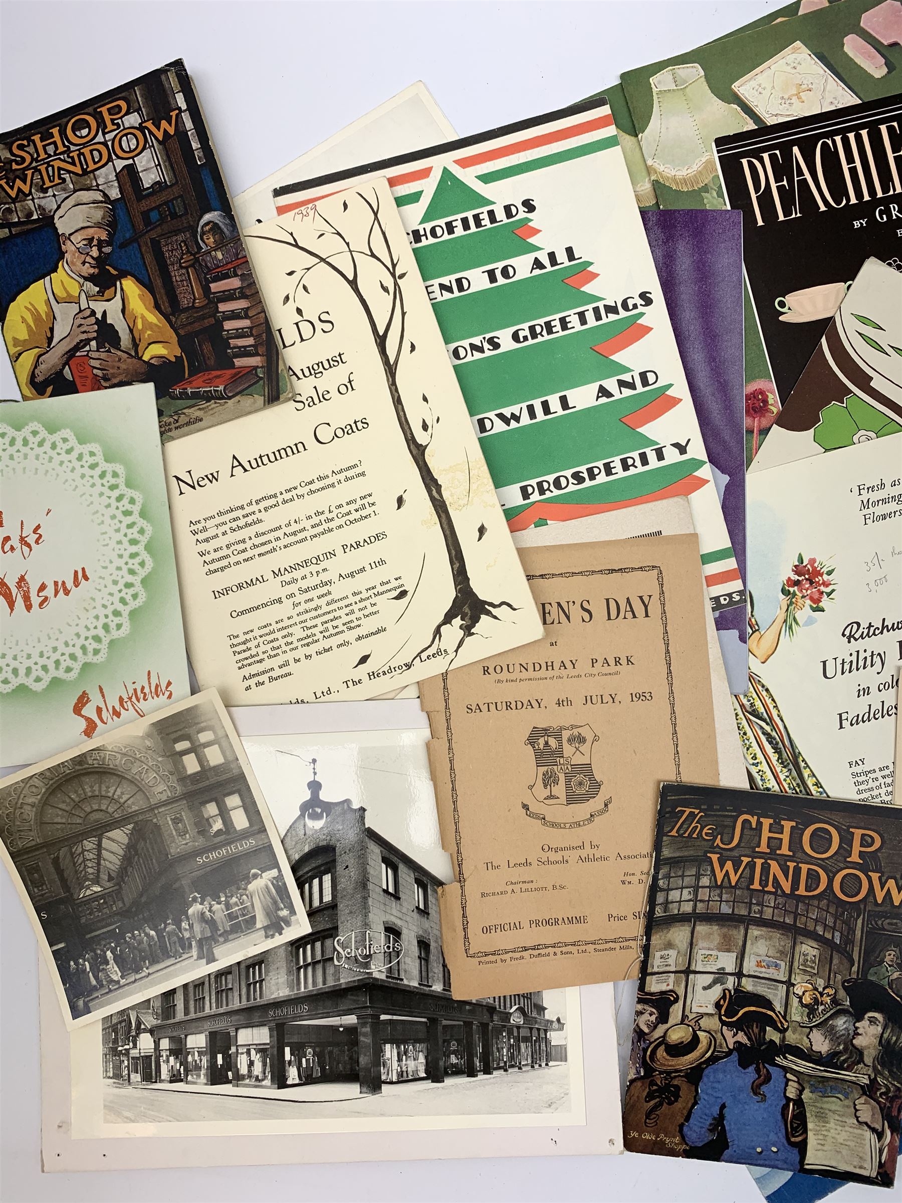 Quantity of paper ephemera relating to Schofields Department Store, The Headrow, Leeds, 1920s - 1950s, including Romance of Schofields 1922, Golden Jubilee Booklet 1951, various catalogues and promotional booklets and leaflets, Christmas offers, greeting cards, marketing and advertising items, menus etc