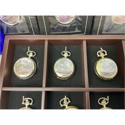Twenty-three Glory of Steam Atlas Editions silver plated pocket watches, to include The Scottish Horse, Merchant Navy Class, etc, with wood display case, all boxed, twenty one with certificates