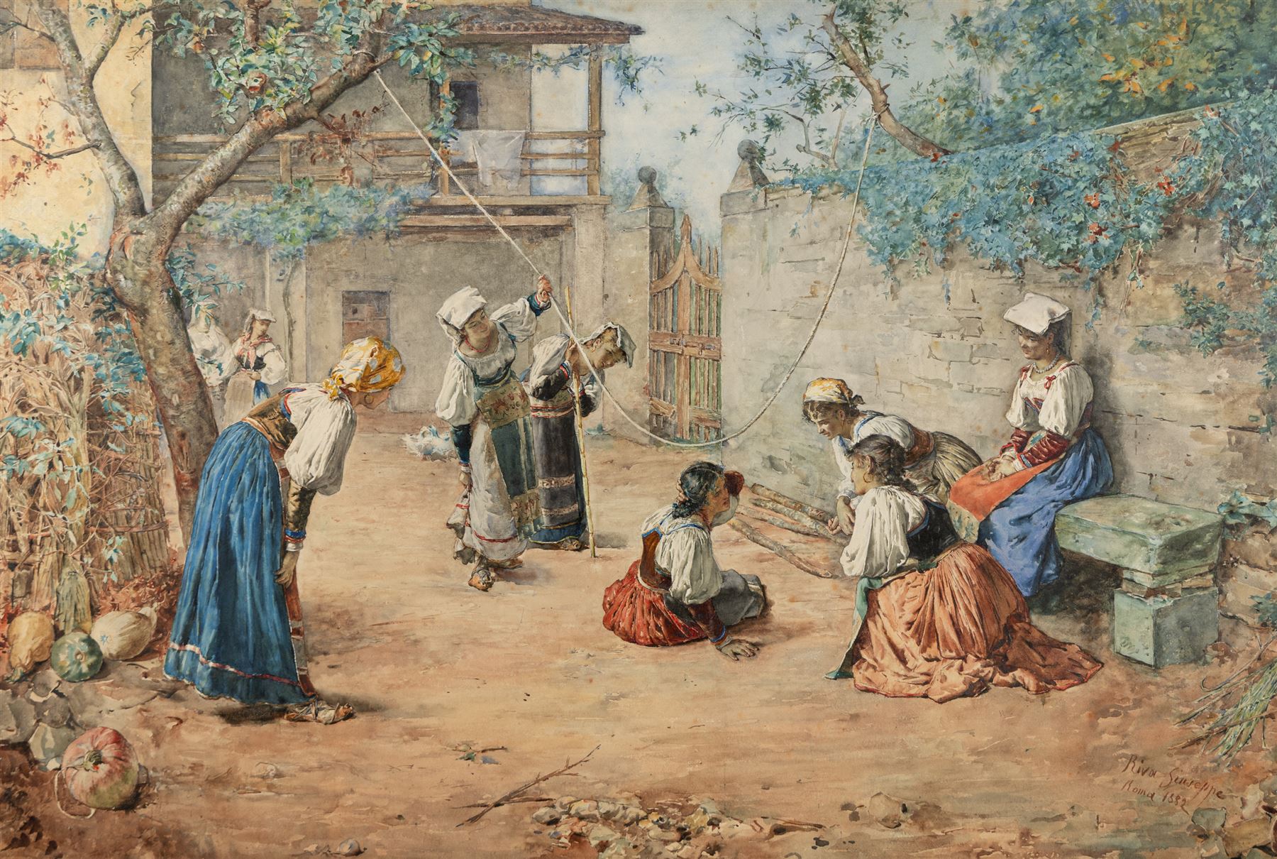 Giuseppe Riva (Italian 1834-1916): Italian Ladies in a Roman Courtyard, watercolour signed inscribed and dated 1882, 66cm x 98cm 