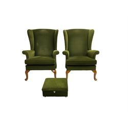 Parker Knoll - pair  vintage 'Penhurst' wingback armchairs, upholstered in olive green fabric on cabriole front supports