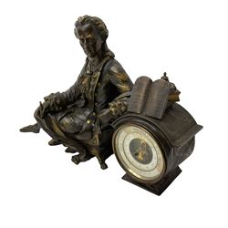 A late 19th century French aneroid barometer housed in a spelter case in the form of a reclining lady, with a two-part dial and rack driven steel indicating hand, brass recording hand with weather predictions.  

