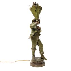 After Louis Auguste Moreau - The Gust of Wind, bronzed figure holding an umbrella, adapted as a table lamp H40cm