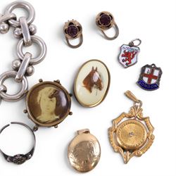 9ct gold jewellery, comprising heart charm, locket and two chains, silver chunky bracelet and costume jewellery