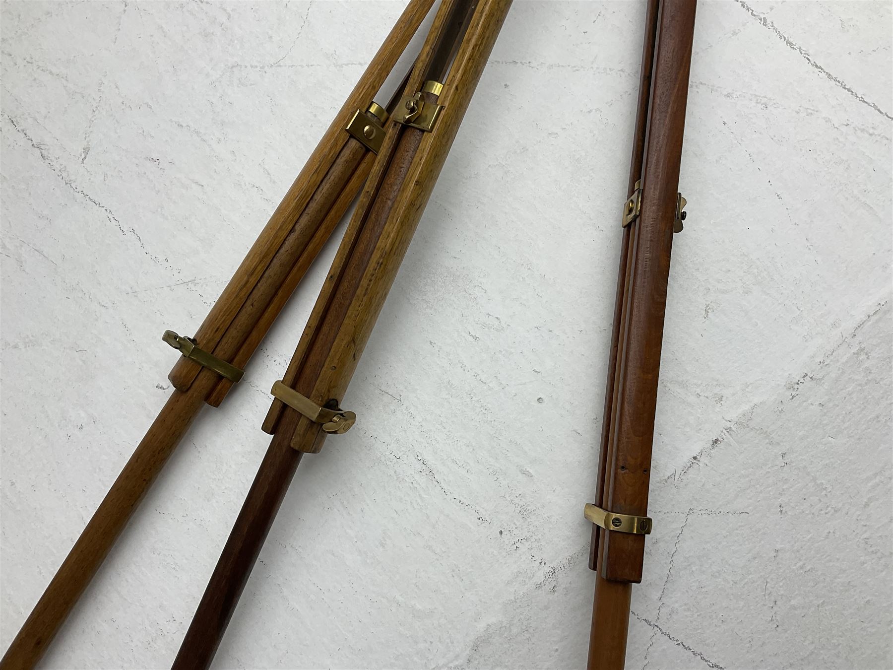 Early 20th century Ross London brass gunsight L67cm now as a telescope with Gaskell & Chambers bracket on hardwood and brass adjustable tripod marked 'Stands Inst No.16 Mk.1'