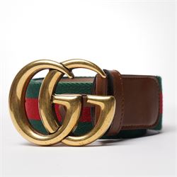Gucci - web canvas and calfskin leather belt with signature green and red woven stripe, la...