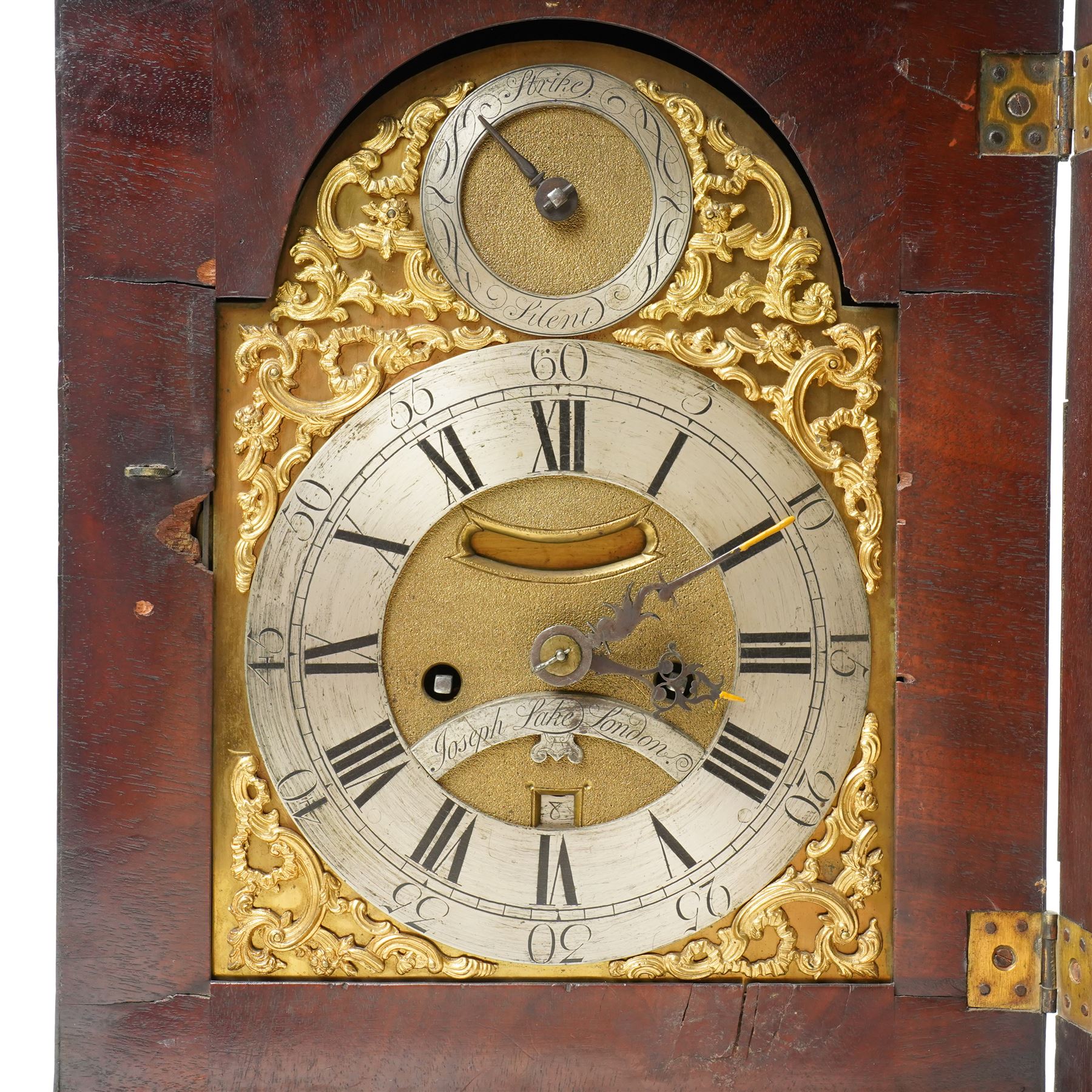 18th century twin fusee bracket clock with recoil anchor escapement the steel and brass dial inscribed Joseph Lake, London with strike silent ring and ormolu spandrels, engraved back plate in caddy top walnut case H47cm