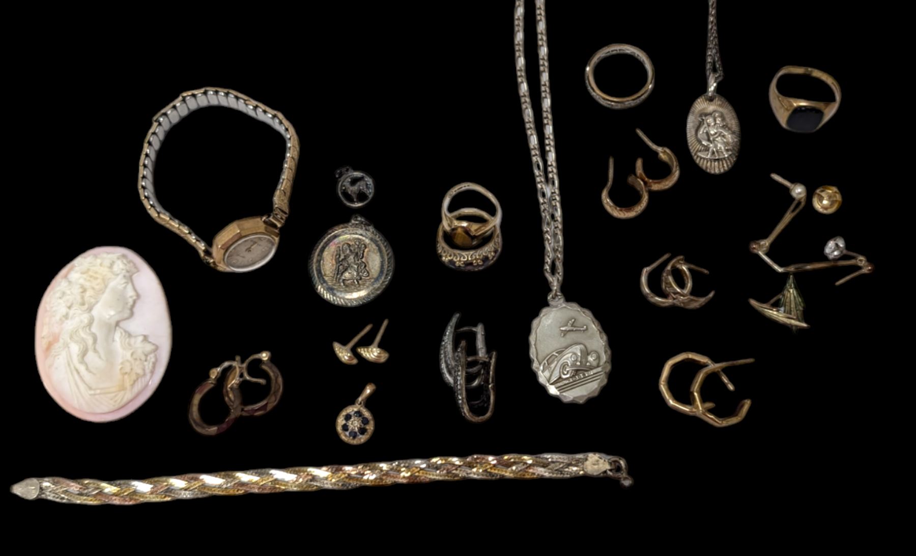 Georg Jensen silver St Christoper's pendant, 9ct gold jewellery including earrings and stone set ring, cameo, silver jewellery and a 9ct gold wristwatch, on expanding gilt strap