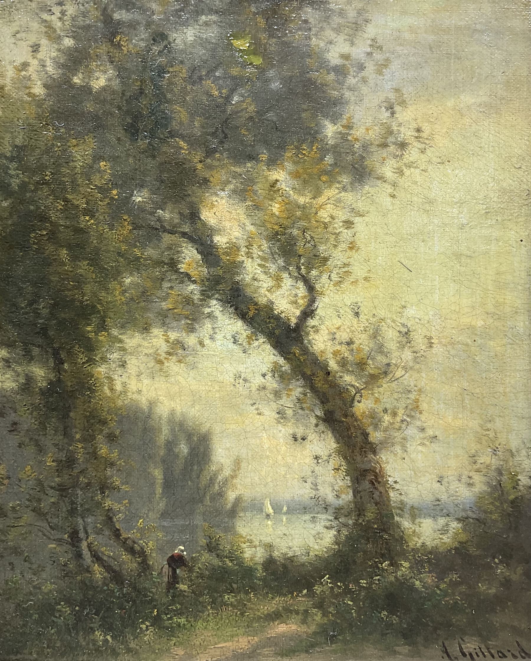 A Gillard (French 19th Century): Figure Foraging by a Shoreline, oil on canvas signed 25cm x 20cm 