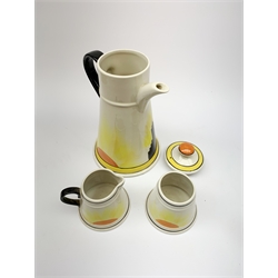 A Carlton Ware Art Deco style coffee set, decorated in the 'Manhatton Sunset' pattern, comprising coffee pot, milk jug, open sucrier, and six coffee cans, all of tapering form, coffee pot H26.5cm. 